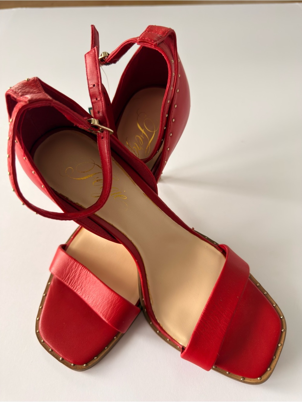 NWT Fergie Red Studded Ankle Strap Stiletto Heels Size 7.5